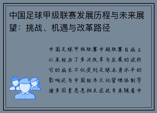 中国足球甲级联赛发展历程与未来展望：挑战、机遇与改革路径