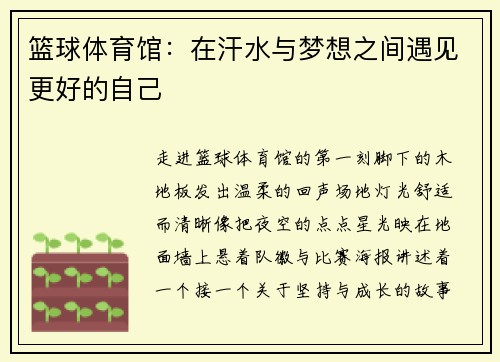 篮球体育馆：在汗水与梦想之间遇见更好的自己