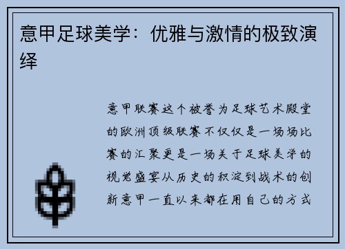 意甲足球美学：优雅与激情的极致演绎